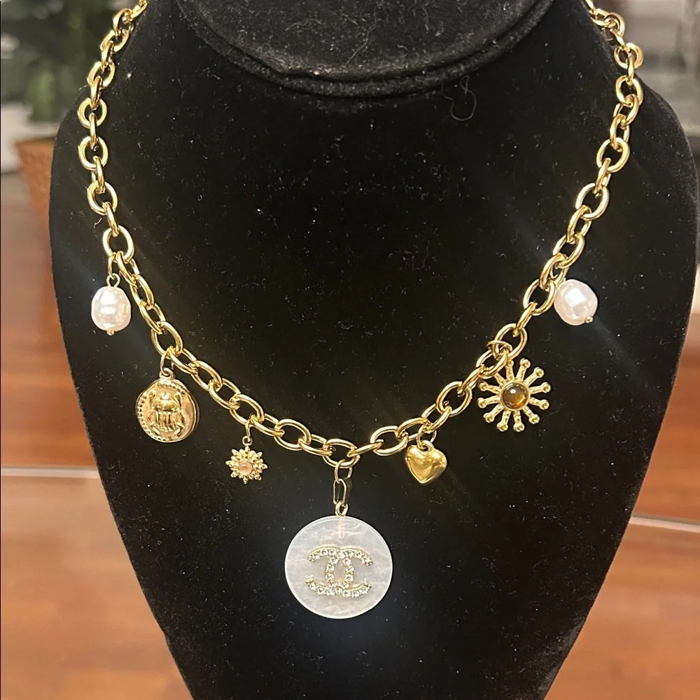 Gold Toned Chanel Charm Necklace with Mother-of-Pearl Coin Charm - Picture 3 of 6